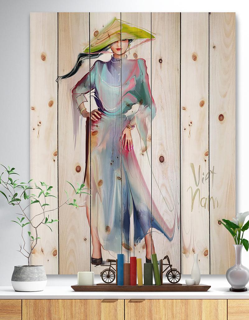 DesignQ Asian Women in Blue Dress - Digital Art Portrait Print on Natural Pine Wood