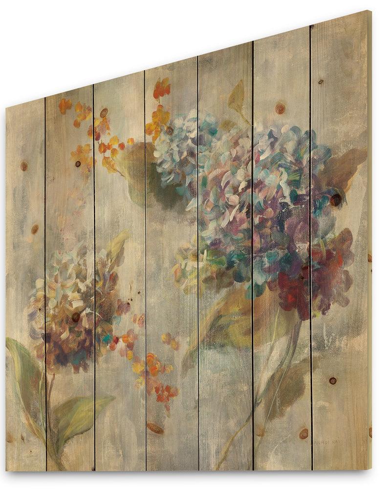 DesignQ Autumn Hydrangea - Traditional Print On Natural Pine Wood