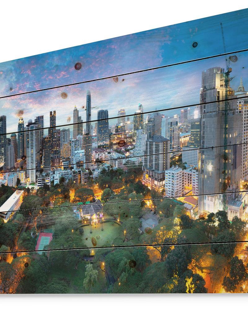 DesignQ Bangkok City Skyline - Cityscape Print On Natural Pine Wood