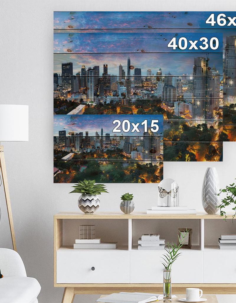 DesignQ Bangkok City Skyline - Cityscape Print On Natural Pine Wood