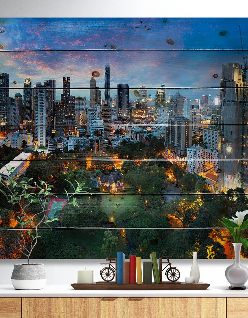 DesignQ Bangkok City Skyline - Cityscape Print on Natural Pine Wood