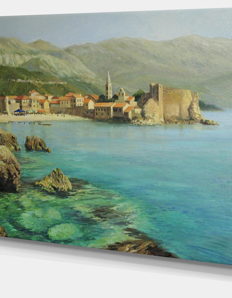 DesignQ Bay Near Old Budva - Landscape Painting Canvas Print