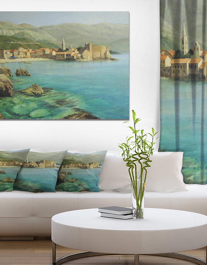 DesignQ Bay Near Old Budva - Landscape Painting Canvas Print