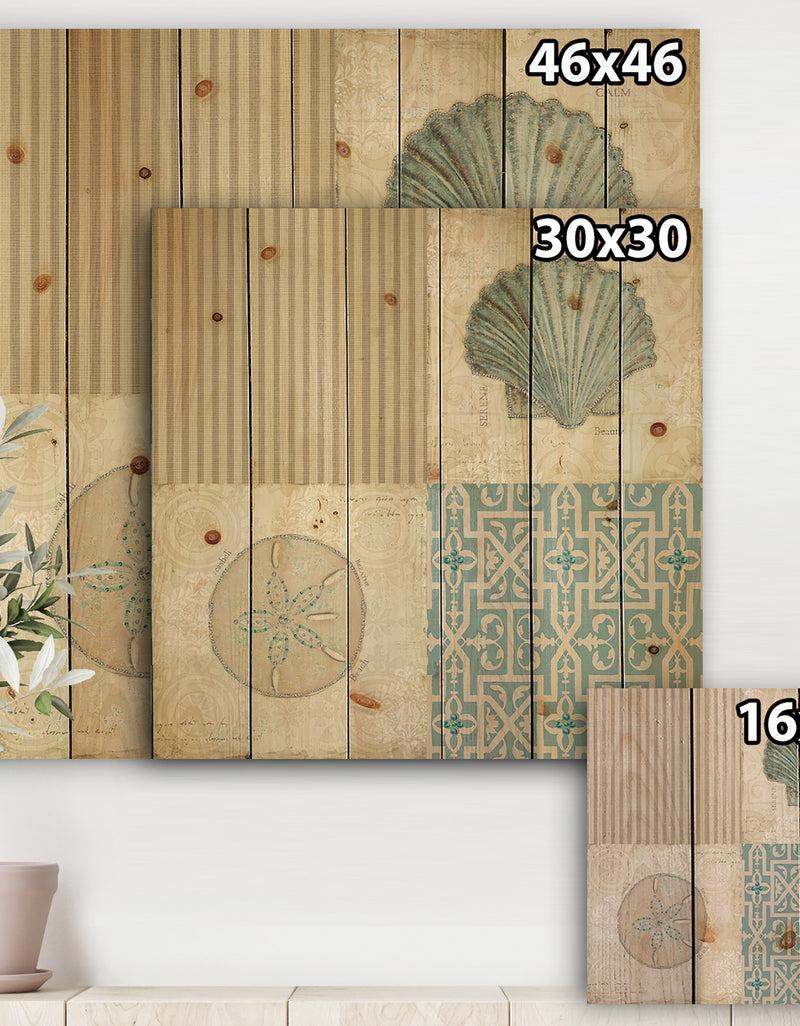 DesignQ Beach Treasures Collage I - Traditional Bathroom Print On Natural Pine Wood