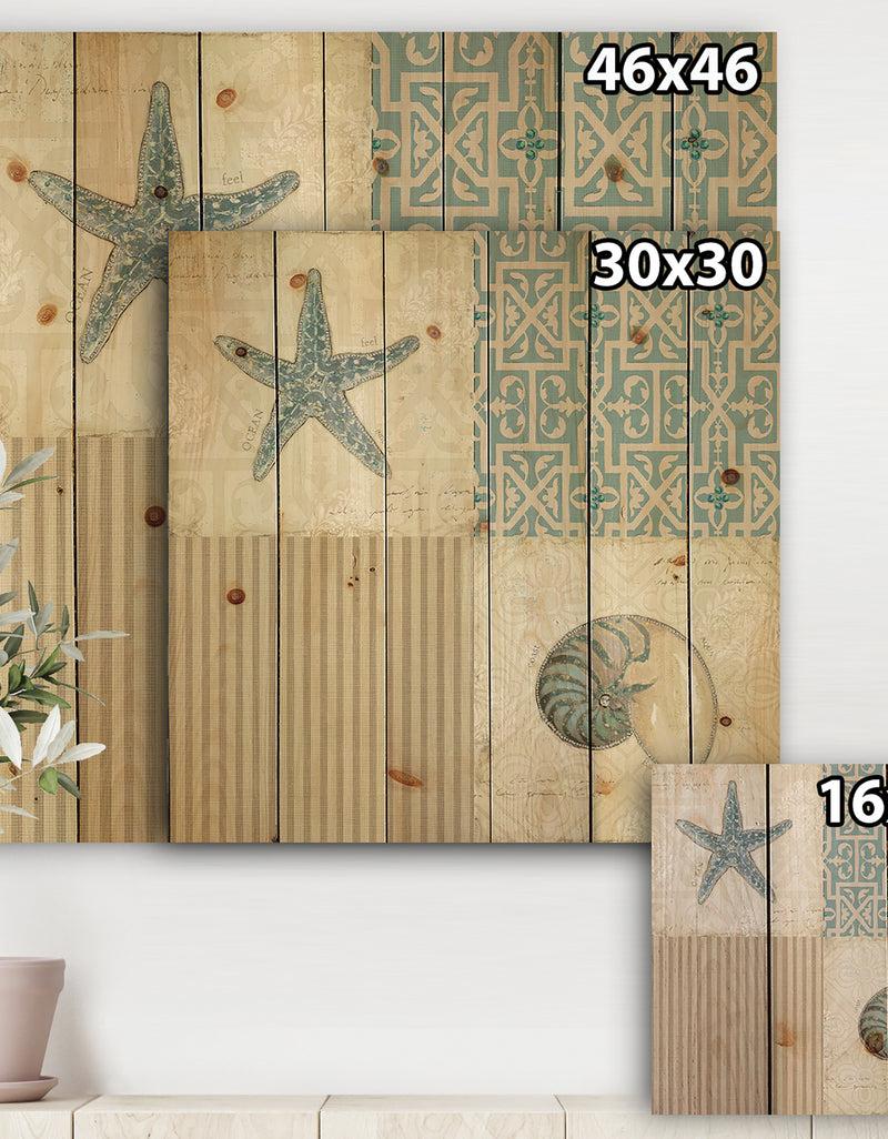 DesignQ Beach Treasures Collage II - Traditional Bathroom Print On Natural Pine Wood