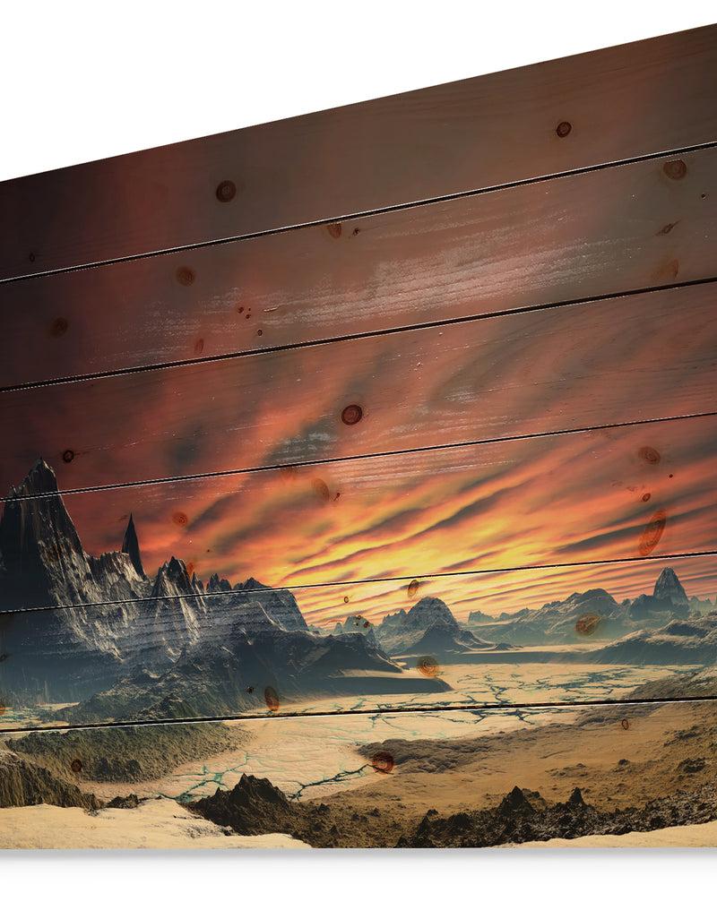DesignQ Beautiful Alien Planet Traos - Landscape Print On Natural Pine Wood