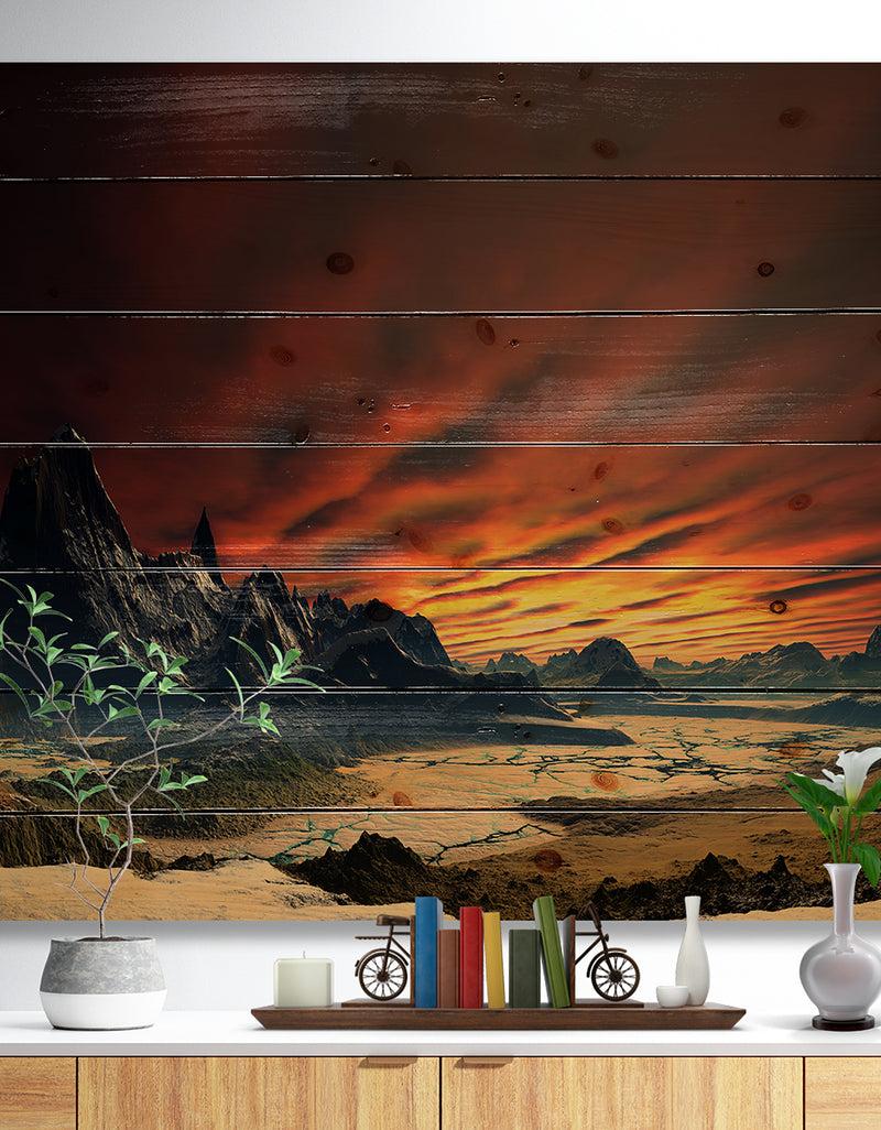 DesignQ Beautiful Alien Planet Traos - Landscape Print on Natural Pine Wood
