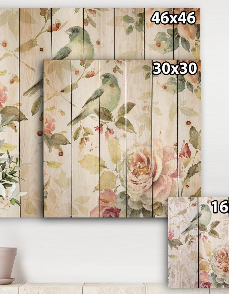 DesignQ Beautiful Bird Romance II - Traditional Print On Natural Pine Wood