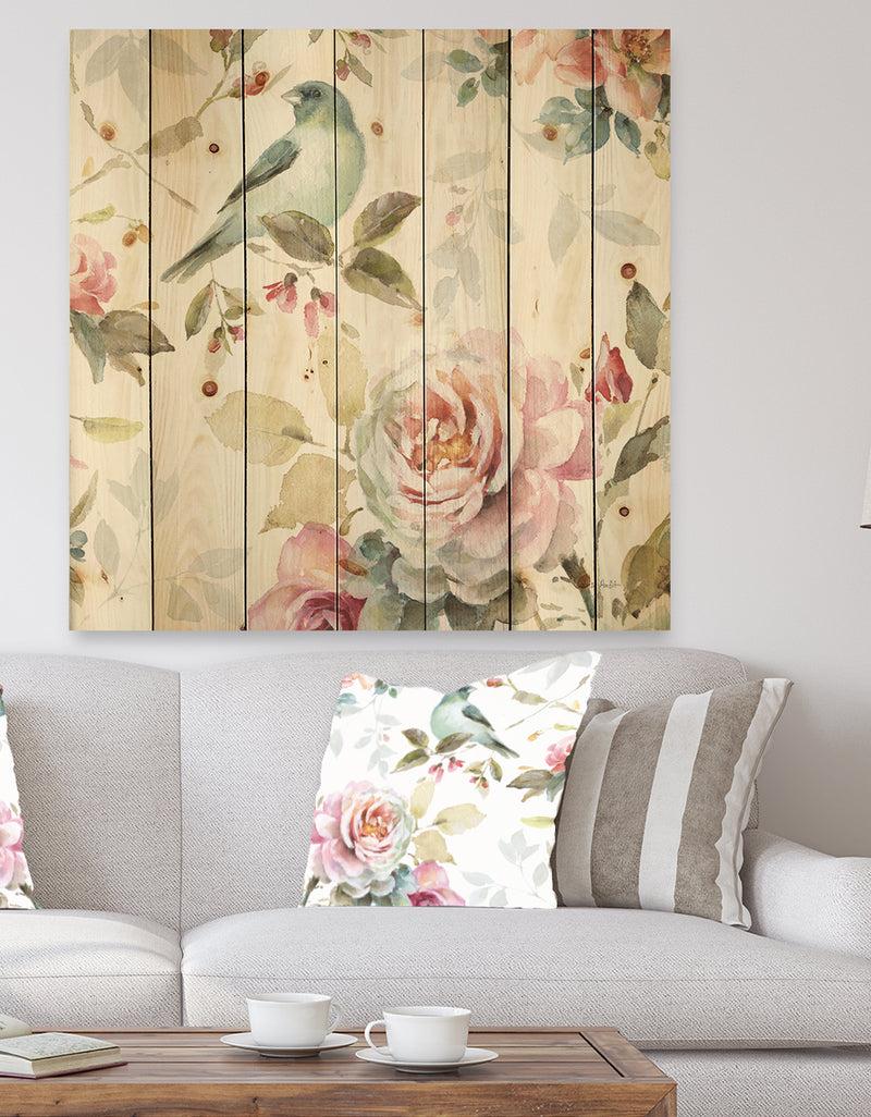 DesignQ Beautiful Bird Romance II - Traditional Print on Natural Pine Wood
