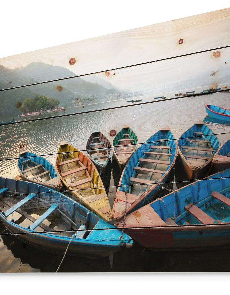 DesignQ Beautiful Boats In Phewa Lake - Boat Print On Natural Pine Wood