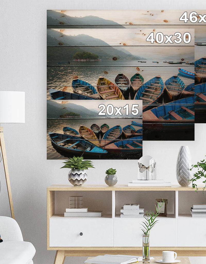 DesignQ Beautiful Boats In Phewa Lake - Boat Print On Natural Pine Wood