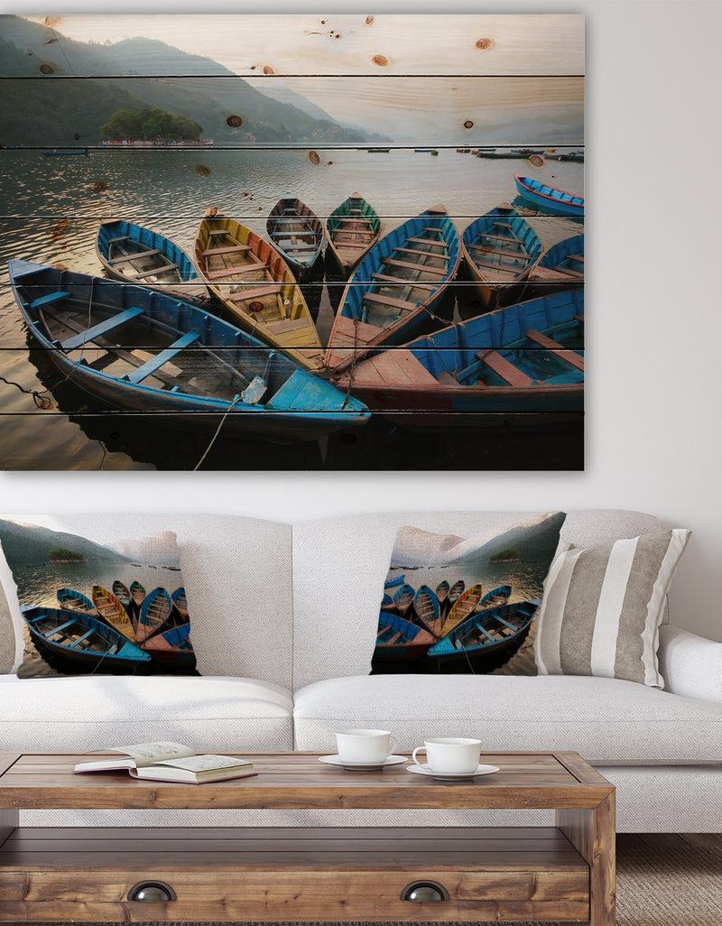 DesignQ Beautiful Boats in Phewa Lake - Boat Print on Natural Pine Wood