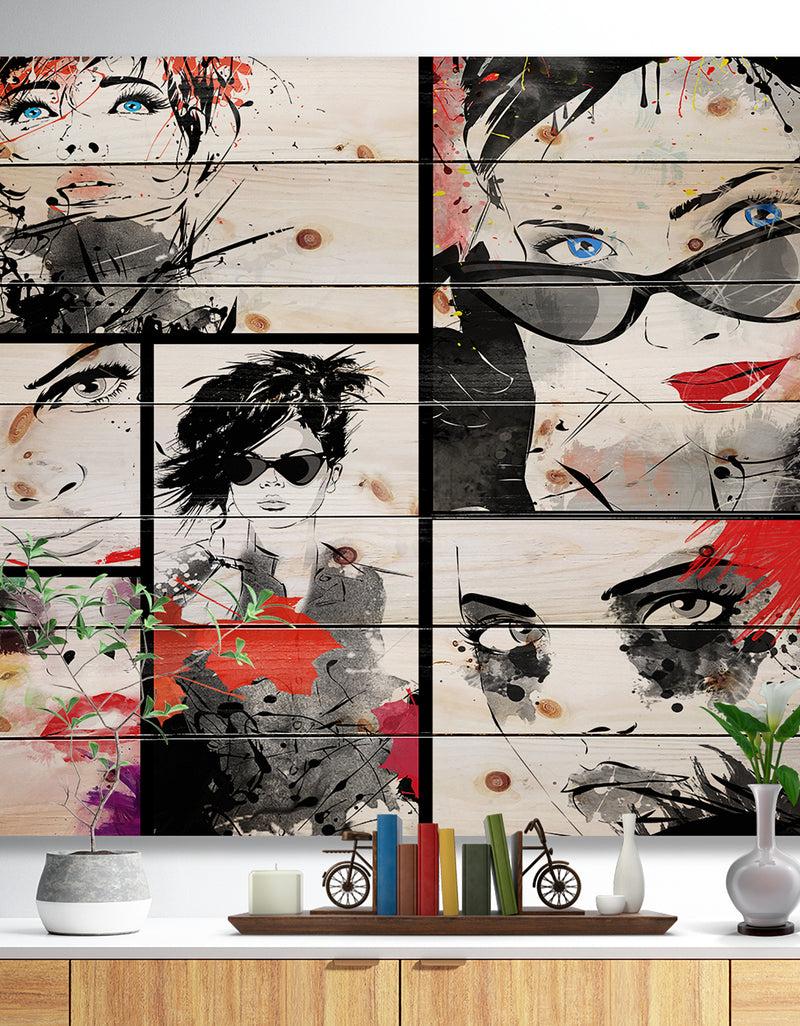 DesignQ Beautiful Faces Collage - Abstract Portrait Print on Natural Pine Wood
