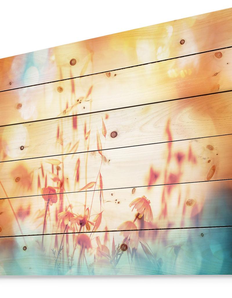 DesignQ Beautiful Little Summer Flowers View - Floral Print On Natural Pine Wood