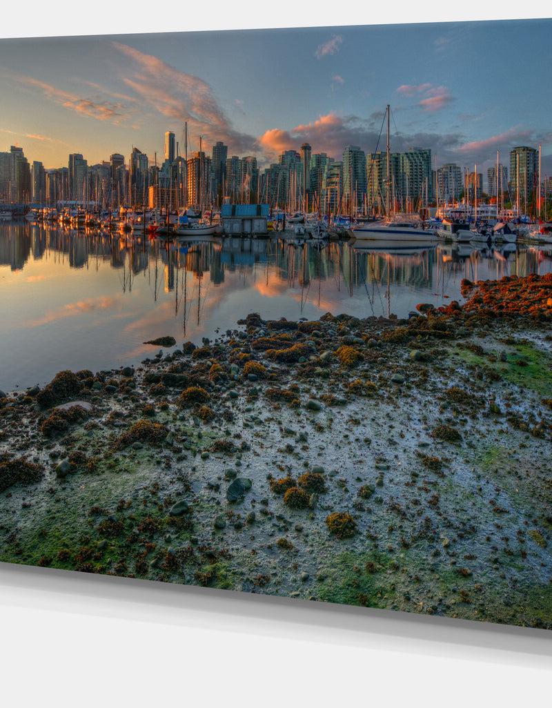 DesignQ Beautiful Sunrise At Vancouver Downtown - Seashore Art Print On Canvas