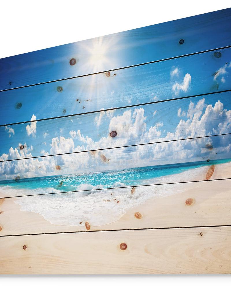 DesignQ Beautiful Tropical Beach Panorama - Modern Seashore Print On Natural Pine Wood