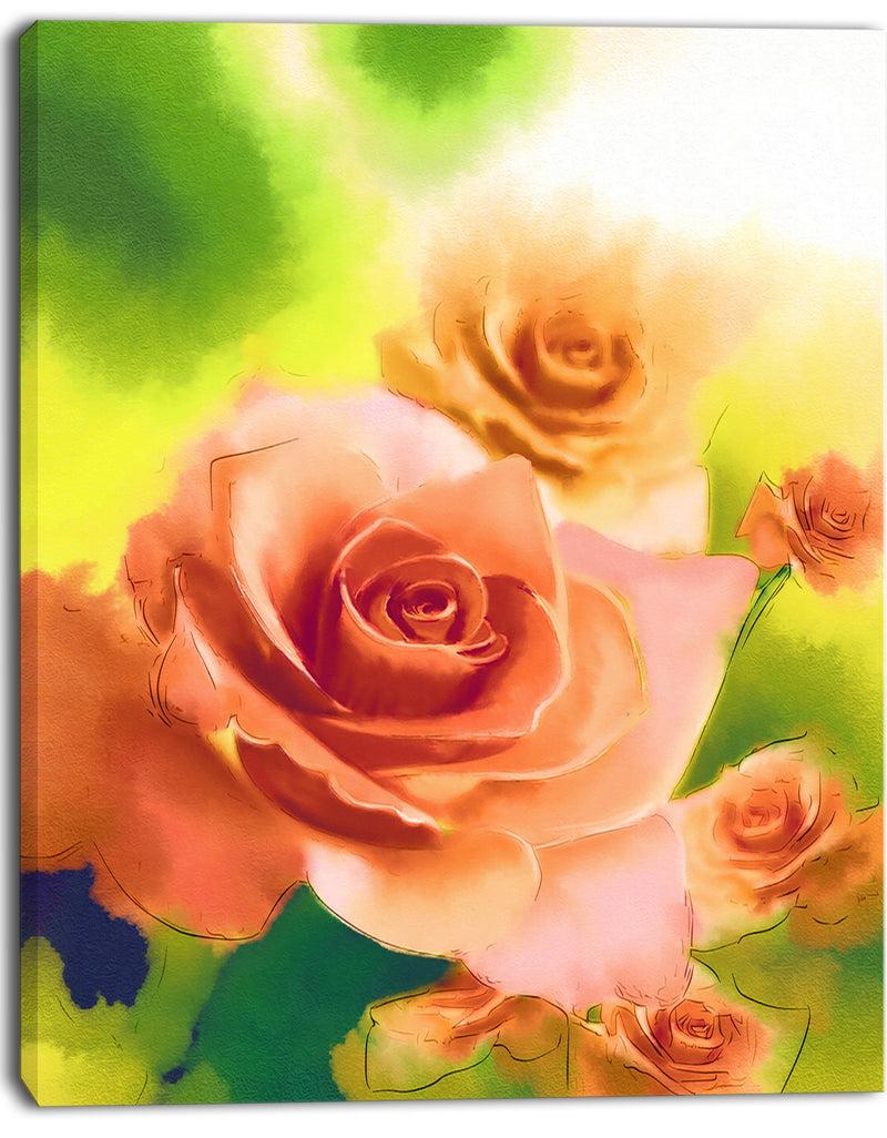DesignQ Beautiful Watercolor Roses On Green - Flower Artwork On Canvas