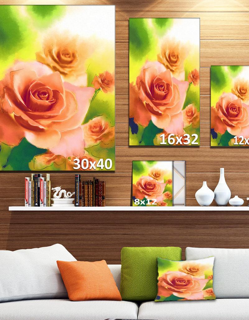 DesignQ Beautiful Watercolor Roses On Green - Flower Artwork On Canvas