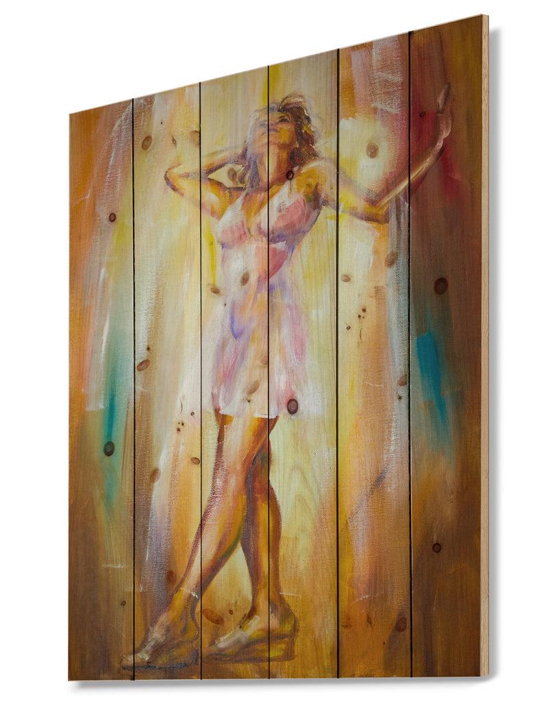 DesignQ Beautiful Woman In Dress - Portrait Print On Natural Pine Wood