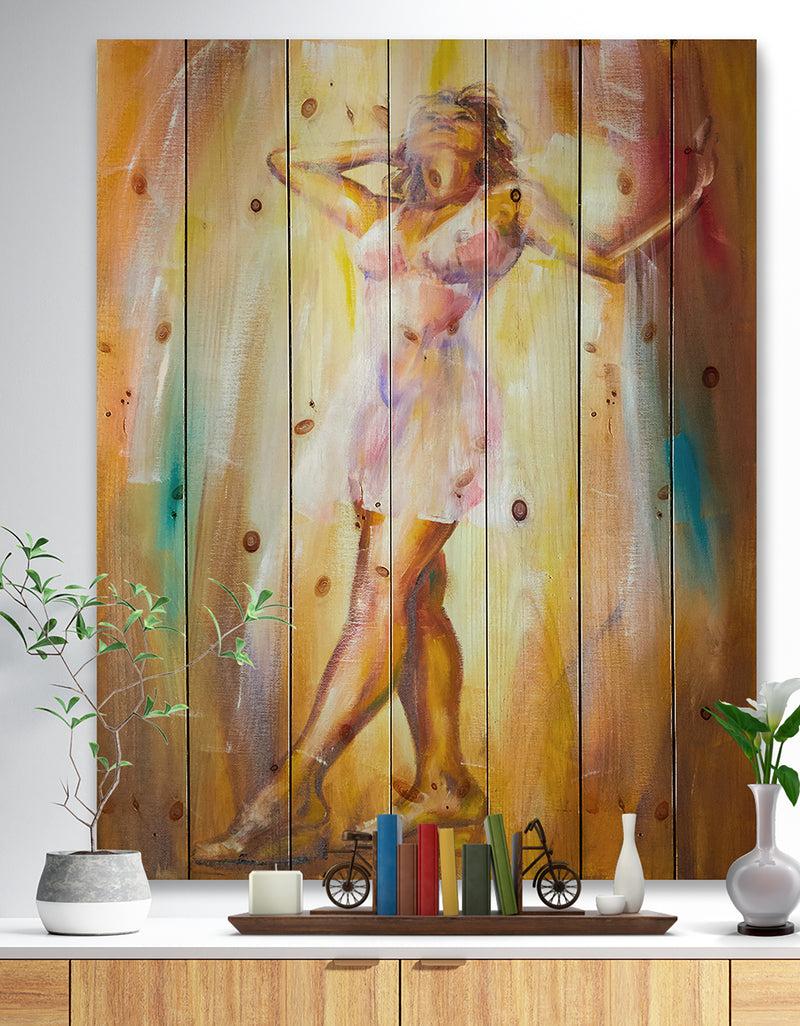 DesignQ Beautiful Woman in Dress - Portrait Print on Natural Pine Wood