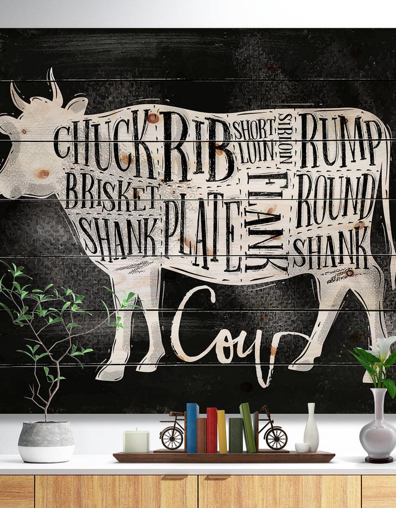DesignQ Beef cutting scheme chalk - Farmhouse Animal Painting Print on Natural Pine Wood