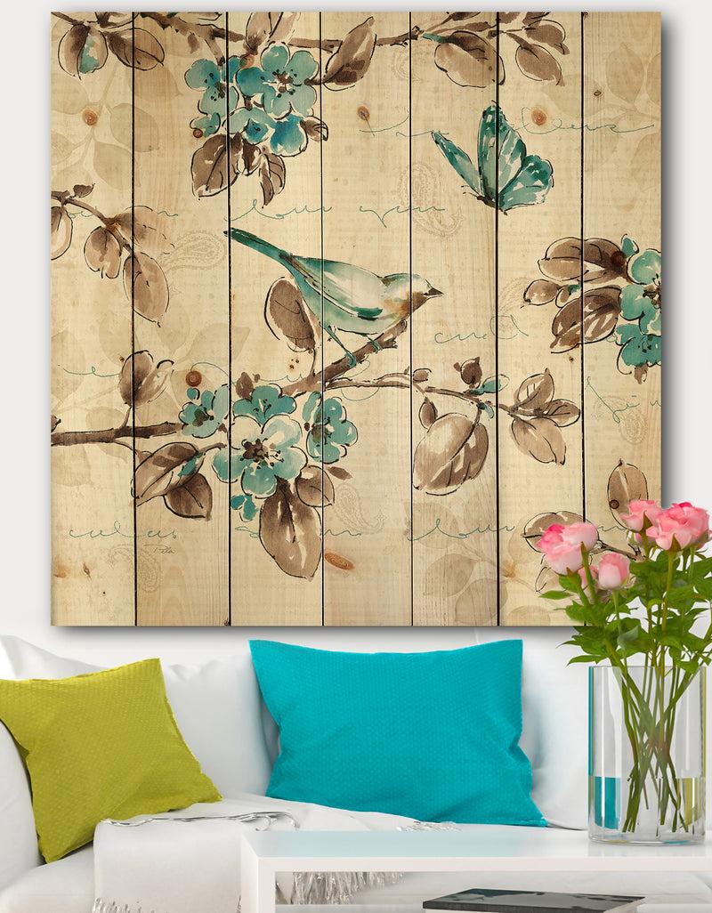 DesignQ Beige Bird Wings III - Traditional Print on Natural Pine Wood