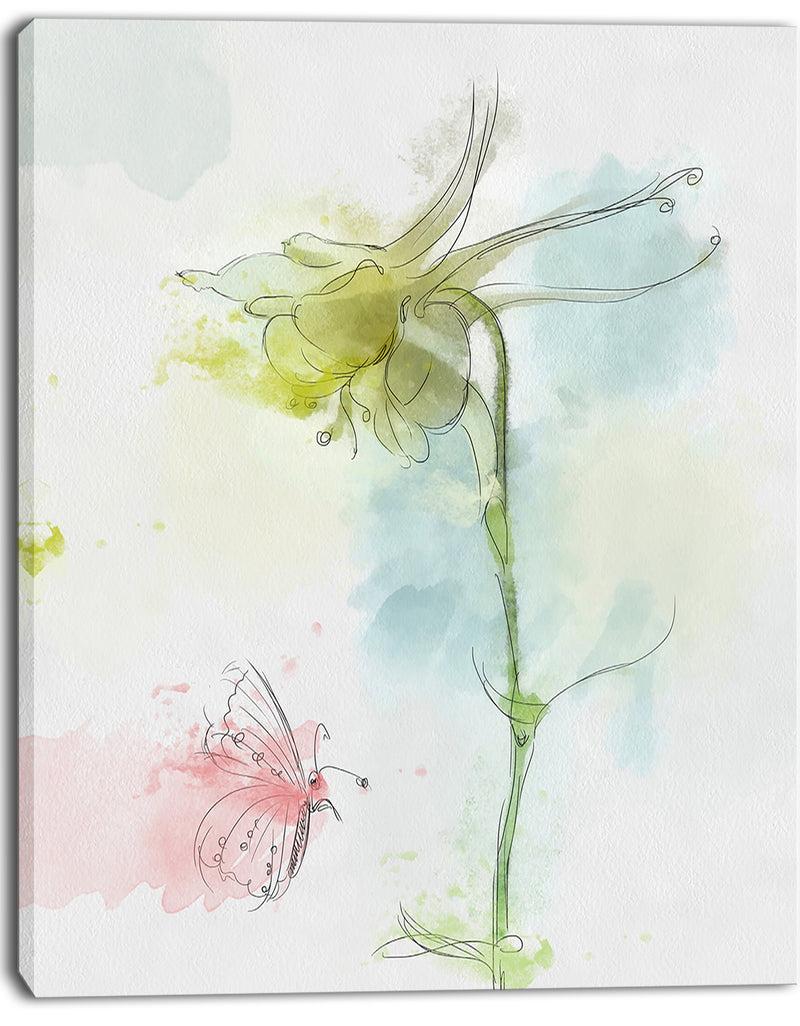 DesignQ Bellflower Sketch And Butterfly - Modern Floral Canvas Wall Art