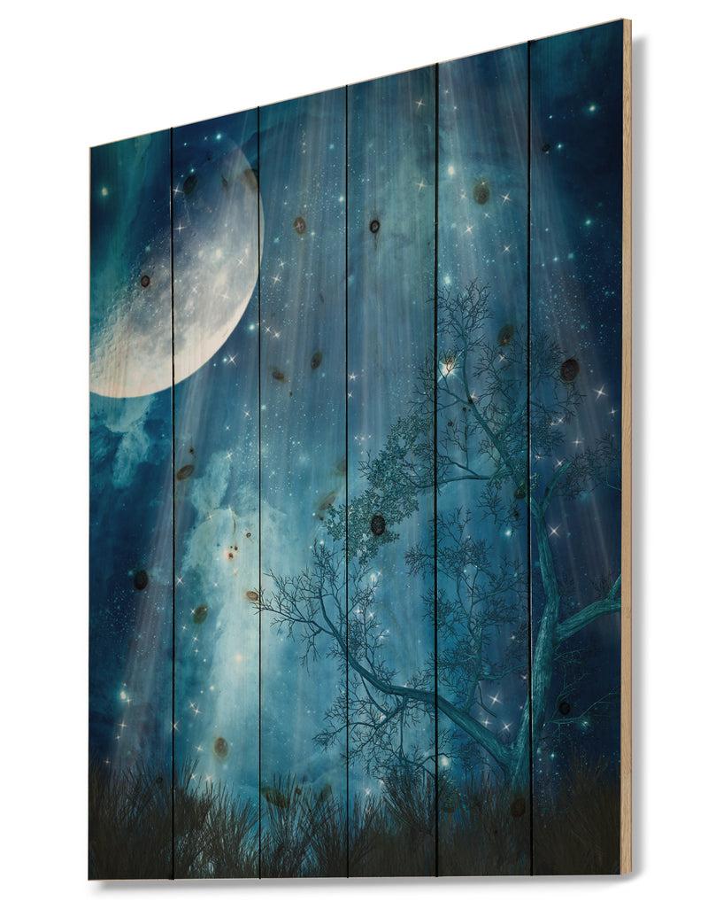 DesignQ Big Moon In Blue Forest - Large Landscape Print On Natural Pine Wood