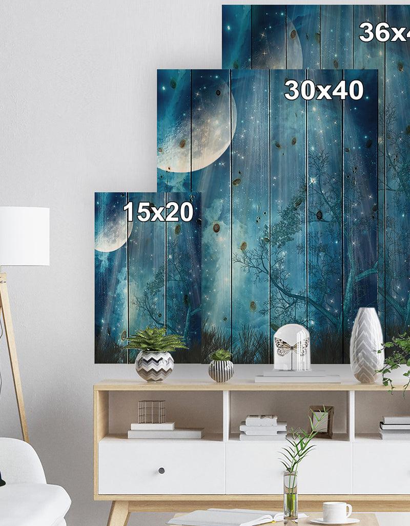 DesignQ Big Moon In Blue Forest - Large Landscape Print On Natural Pine Wood