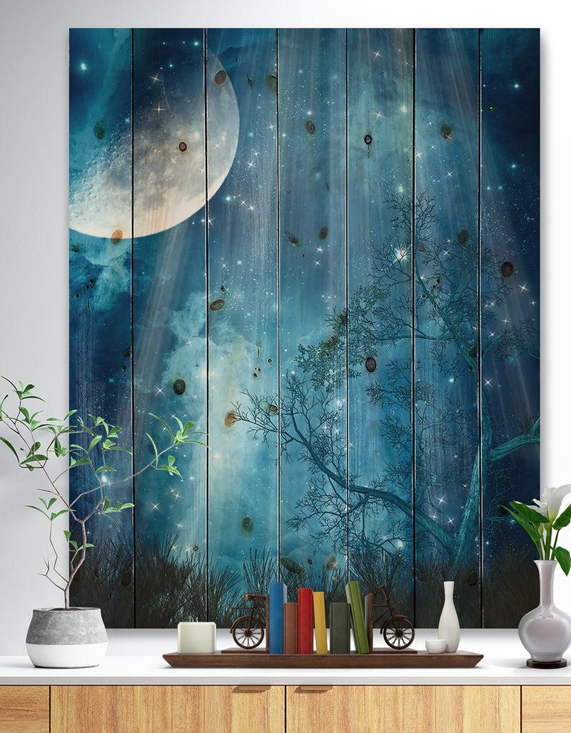 DesignQ Big Moon in Blue Forest - Large Landscape Print on Natural Pine Wood