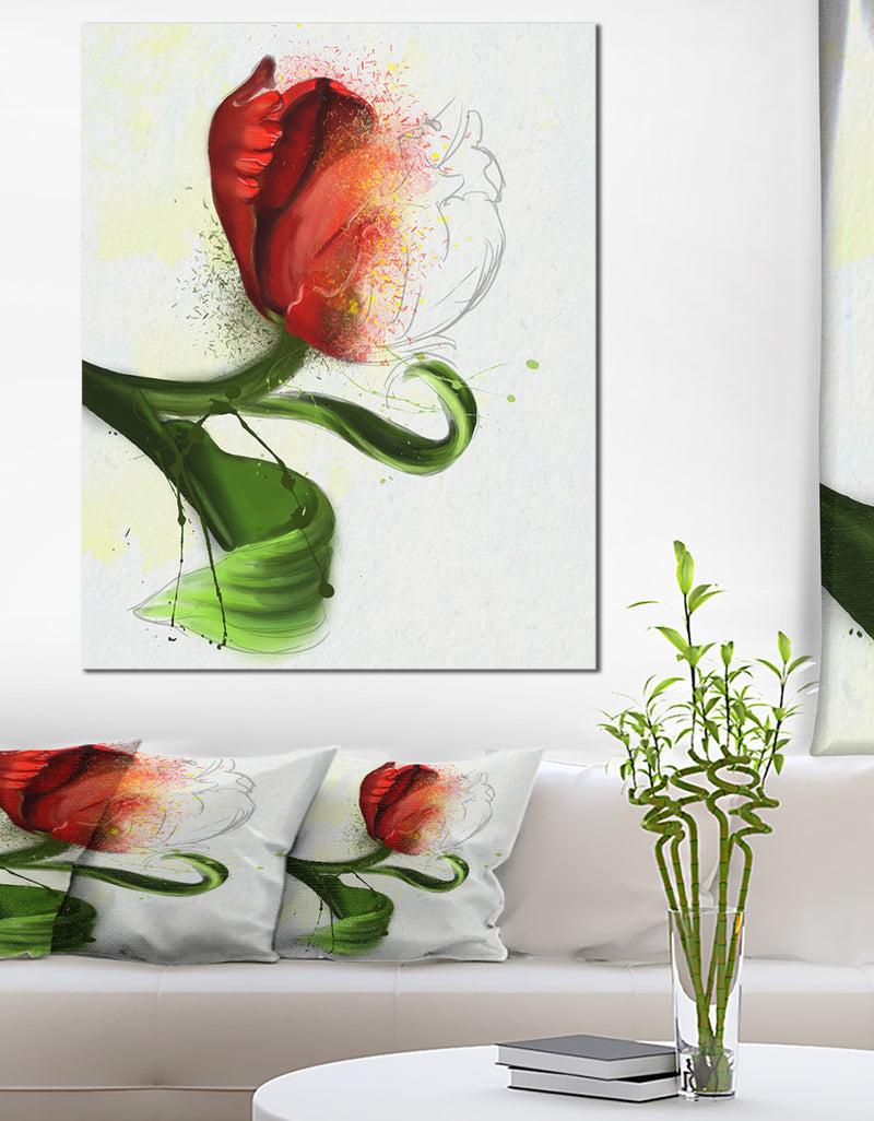 DesignQ Big Red Flower with Green Leaves - Extra Large Floral Canvas Art