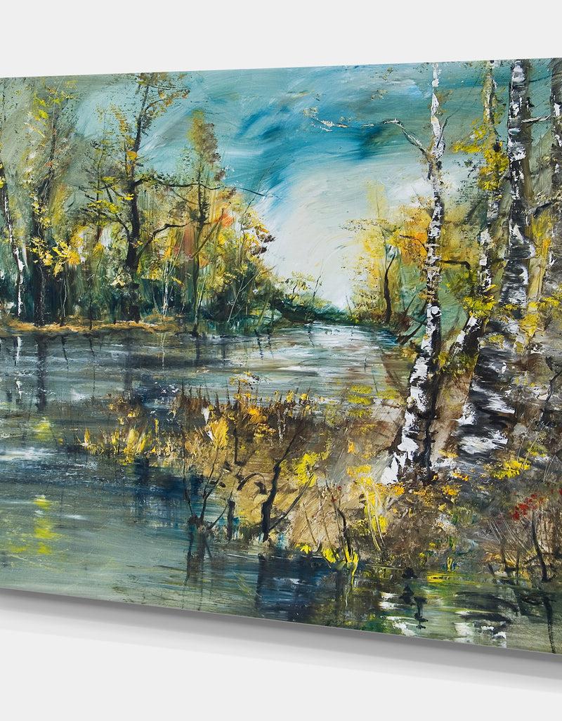 DesignQ Birch Forest River - Landscapes Painting Print On Wrapped Canvas