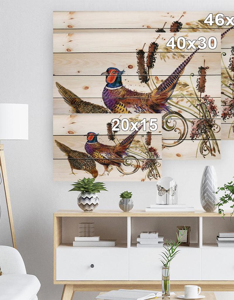 DesignQ Bird Pheasant Watercolor Illustration - Farmhouse Animal Painting Print On Natural Pine Wood