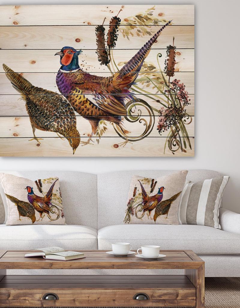 DesignQ Bird pheasant watercolor illustration - Farmhouse Animal Painting Print on Natural Pine Wood