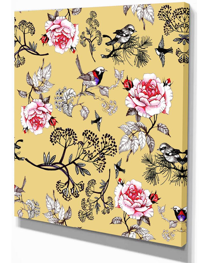 DesignQ Birds And Pink Roses Floral Pattern - Floral Painting Print On Wrapped Canvas