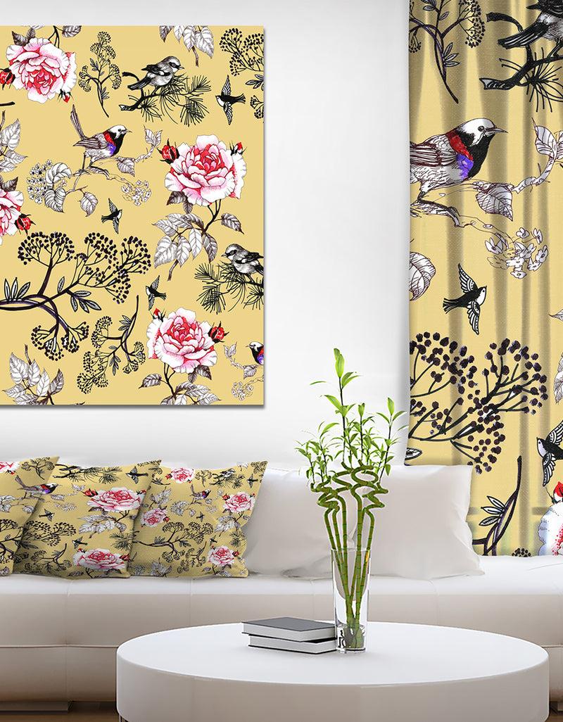 DesignQ Birds and Pink Roses Floral pattern - Floral Painting Print on Wrapped Canvas