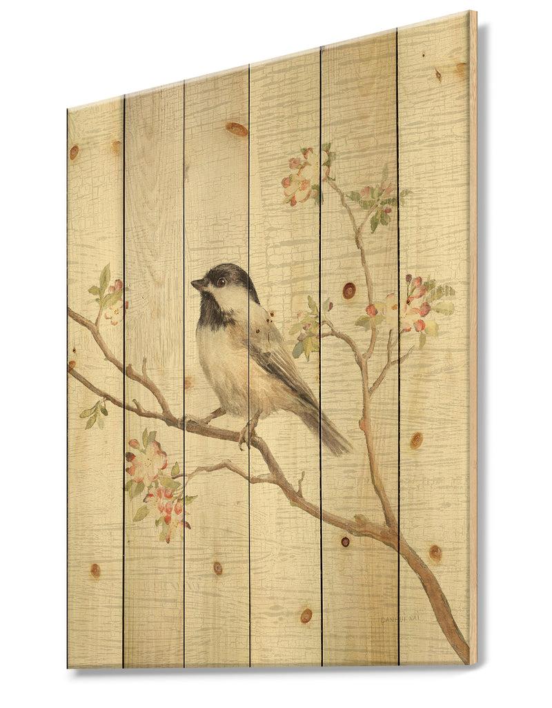 DesignQ Birds On Blossom I - Farmhouse Print On Natural Pine Wood