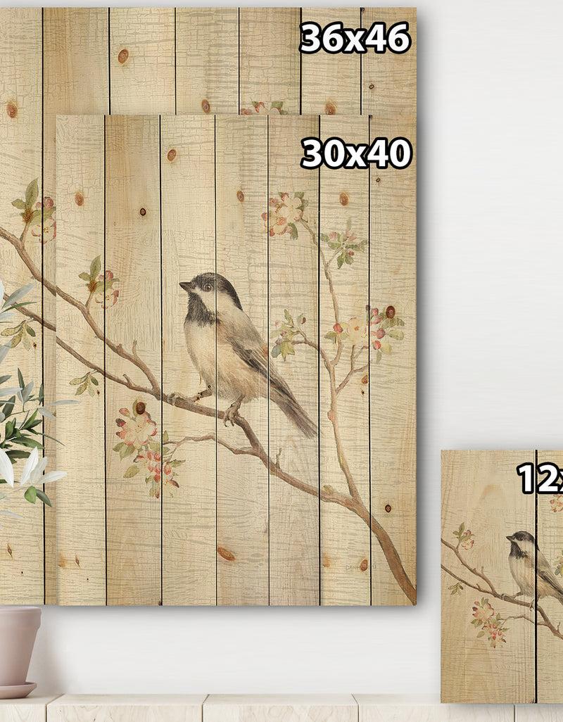 DesignQ Birds On Blossom I - Farmhouse Print On Natural Pine Wood