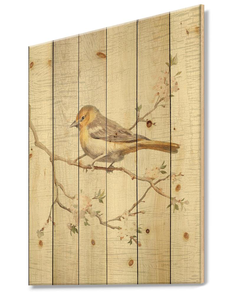 DesignQ Birds On Blossom II - Farmhouse Print On Natural Pine Wood