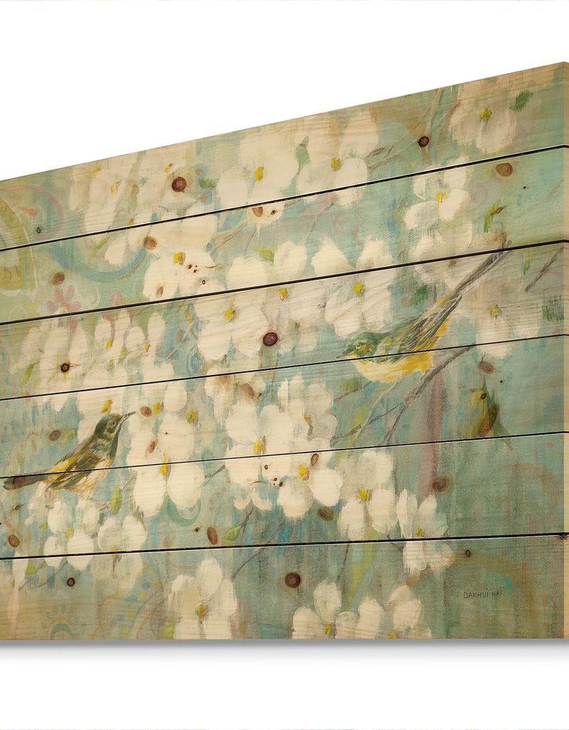 DesignQ Birds On Blossom - Traditional Print On Natural Pine Wood