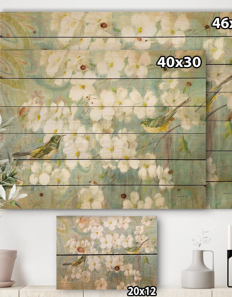 DesignQ Birds On Blossom - Traditional Print On Natural Pine Wood
