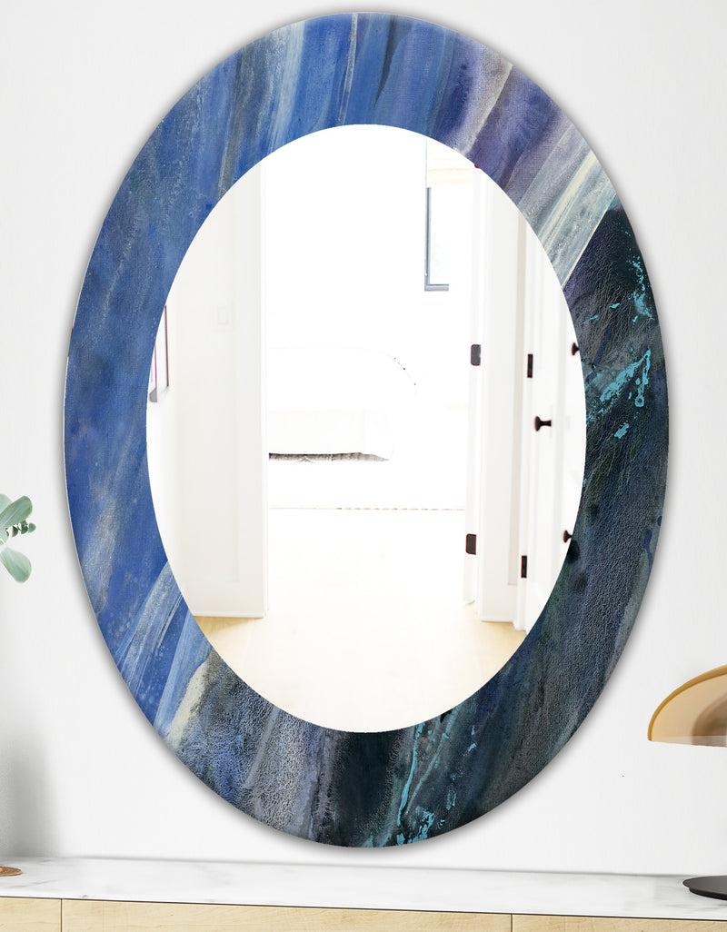 DesignQ Black And Blue Abstract Water Painting - Modern Mirror - Oval Or Round Wall Mirror
