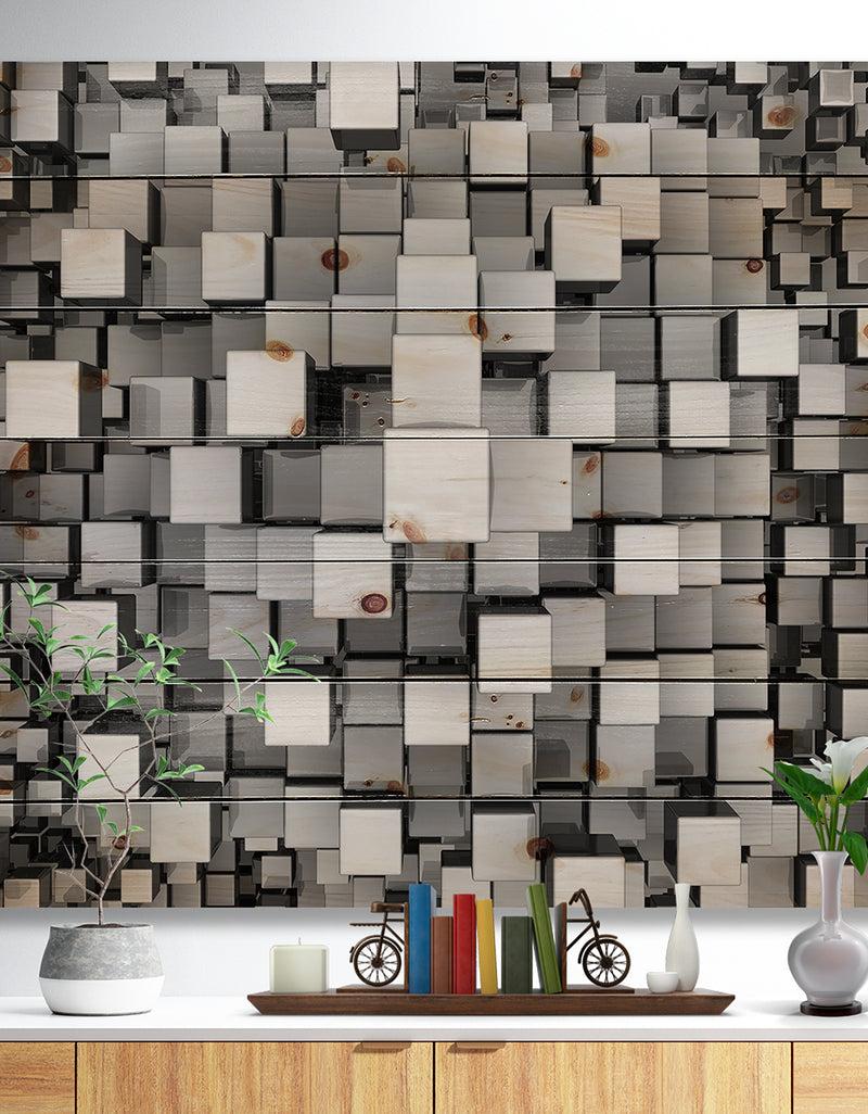 DesignQ Black and Grey Cubes - Contemporary Print on Natural Pine Wood