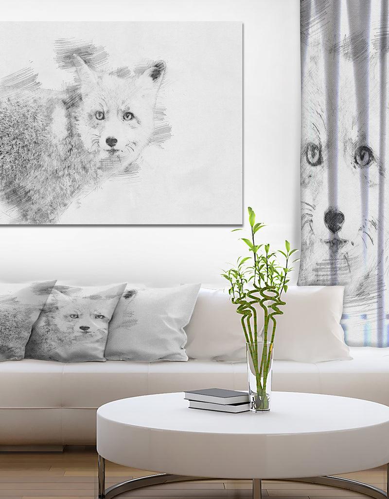 DesignQ Black and White Fox Sketch - Animals Painting Print on Wrapped Canvas