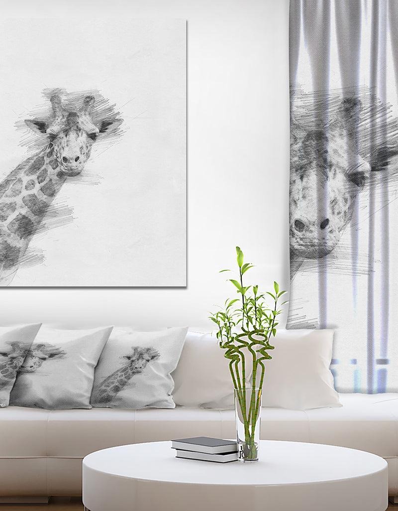 DesignQ Black and White Giraffe Sketch - Animals Painting Print on Wrapped Canvas