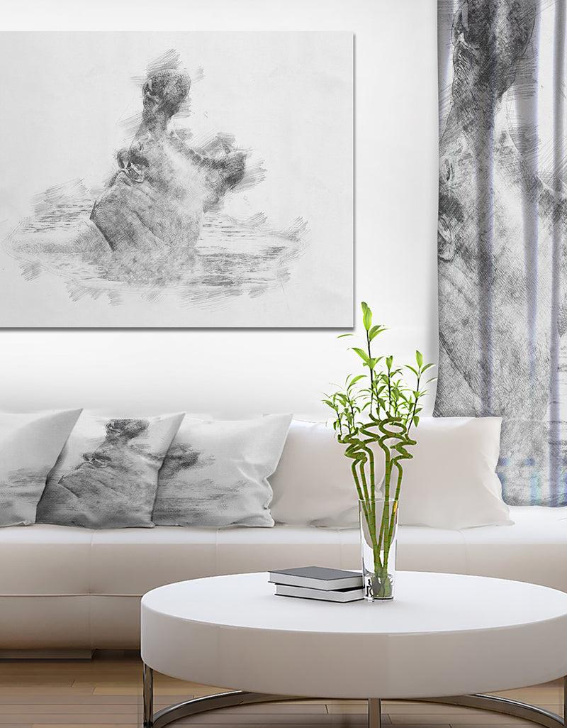 DesignQ Black and White Hippo Sketch - Animals Painting Print on Wrapped Canvas