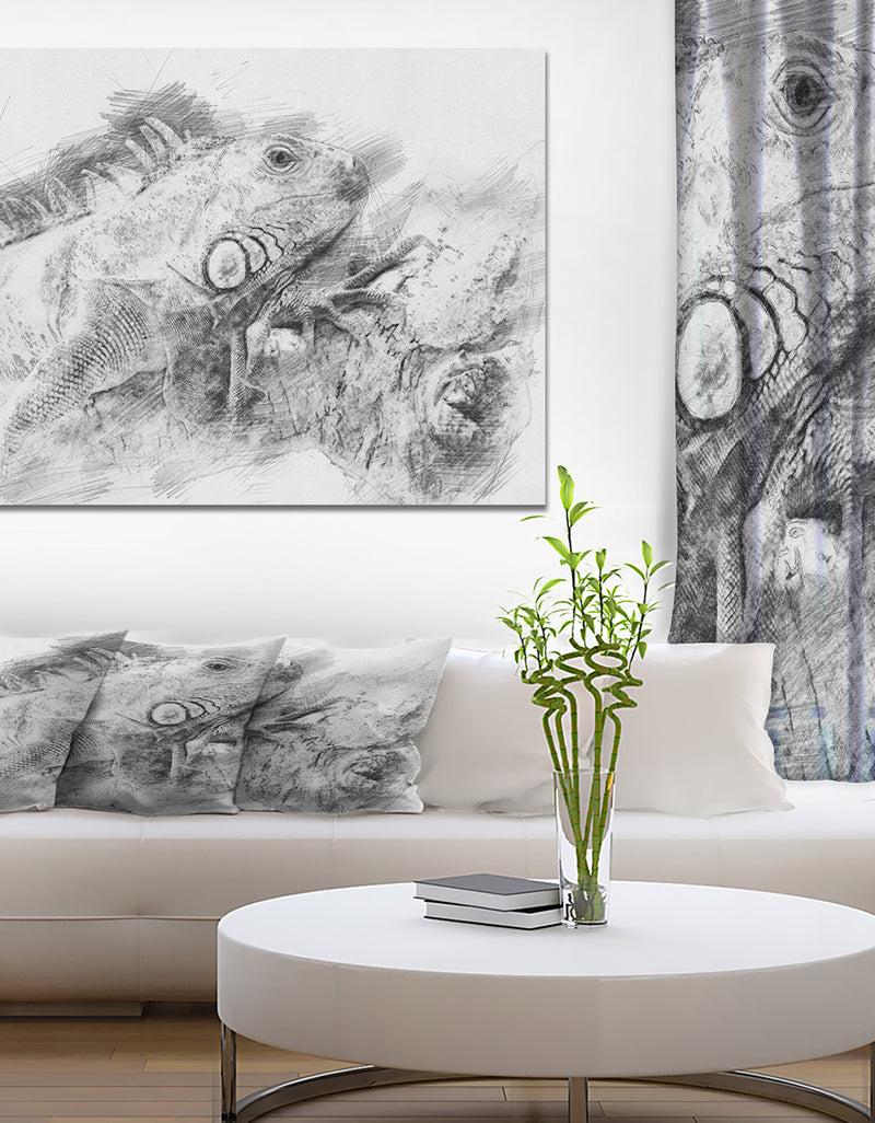 DesignQ Black and White Iguana Sketch - Animals Painting Print on Wrapped Canvas