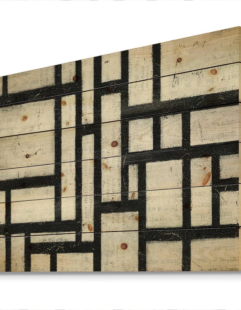 DesignQ Black And White Labyrinth Geometric - Mid-Century Modern Print On Natural Pine Wood