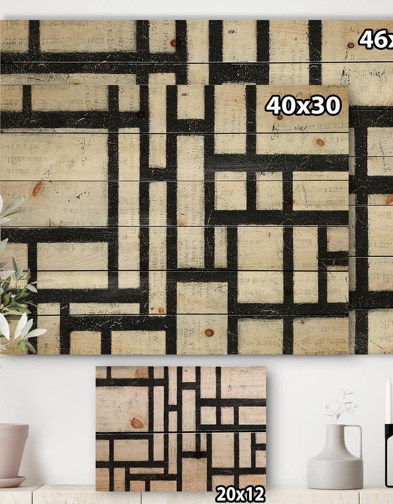 DesignQ Black And White Labyrinth Geometric - Mid-Century Modern Print On Natural Pine Wood