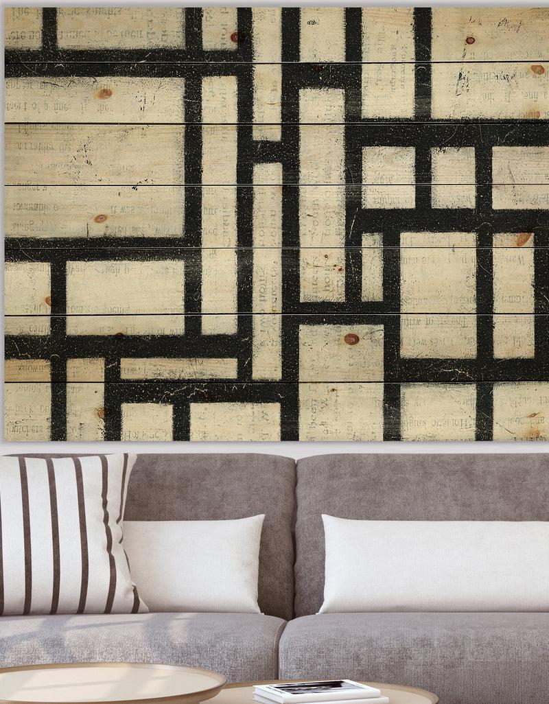 DesignQ Black and White Labyrinth geometric - Mid-Century Modern Print on Natural Pine Wood